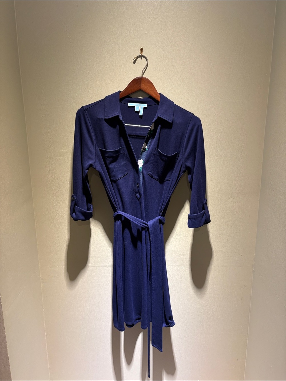 Draper James Navy Blue Shirt Dress with Tie Waist and Floral Accent